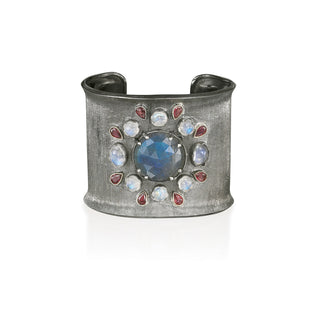 Arena Labradorite Medium Statement Cuff Bracelet with moonstone and ruby, front view – John Apel