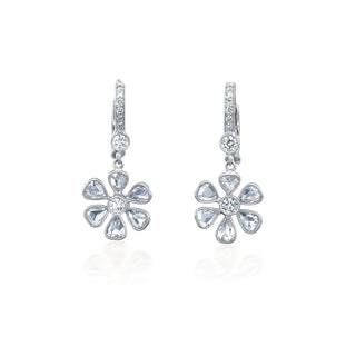 Angled view of John Apel Signature Fleurette rose-cut diamond flower drop earrings in platinum with diamond-set hoops