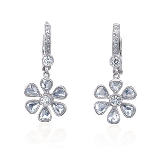 John Apel Signature Fleurette rose-cut diamond flower drop earrings in platinum on diamond-set huggie hoops, front view