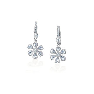 Fleurette Diamond Flower Drop Earrings in platinum, front view – John Apel fine jewelry