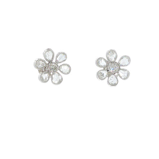 Fleurette Rose-Cut Diamond Flower Stud Earrings in platinum, front view – John Apel