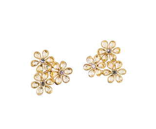 John Apel Signature Fleurette three-flower stud earrings with yellow sapphire petals and diamond centers in 18kt yellow gold, front view