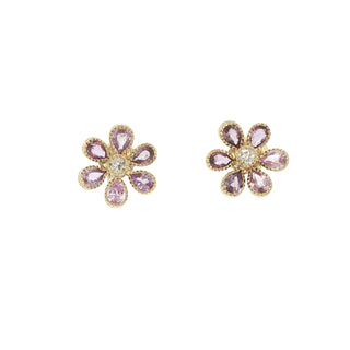 Fleurette Pink Sapphire & Diamond Flower Stud Earrings in 18kt yellow gold – John Apel