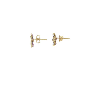 Fleurette Pink Sapphire & Diamond Flower Stud Earrings in 18kt yellow gold, side view – John Apel