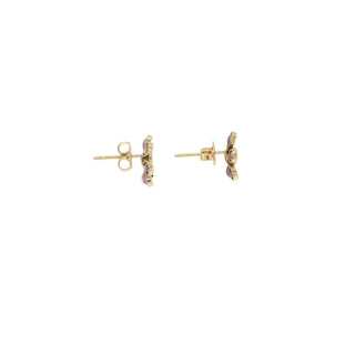 Fleurette Pink Sapphire & Diamond Flower Stud Earrings in 18kt yellow gold, angled side view – John Apel