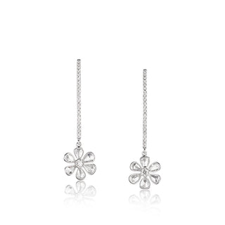 A pair of platinum diamond floral drop earrings with a wire adornment and rose-cut diamond flowers.