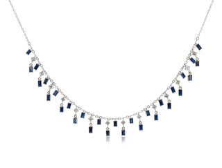 Shimmers White Gold Square Diamond and Baguette Sapphire Necklace front view