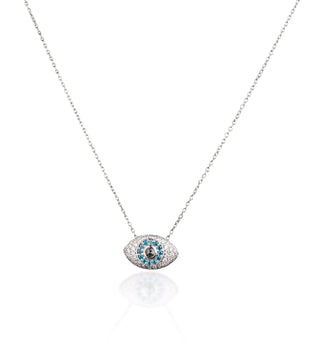 White gold necklace with an eye-shaped pendant on a white background