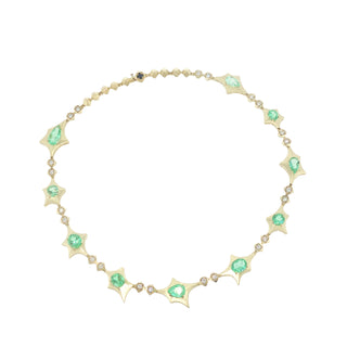 Colombian emerald and diamond necklace in 18kt yellow gold by John Apel, Interstellar collection, front view