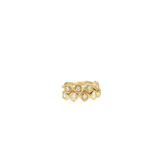 Two John Apel Interstellar geometric diamond rings stacked in 18kt yellow gold, front view