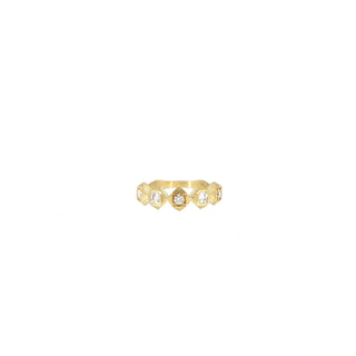 Interstellar geometric diamond ring in 18kt yellow gold with five diamonds by John Apel, front view