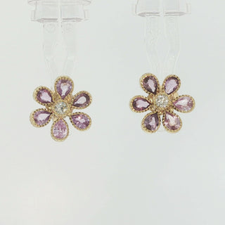 Video of John Apel pink sapphire and diamond Fleurette flower stud earrings in 18kt yellow gold