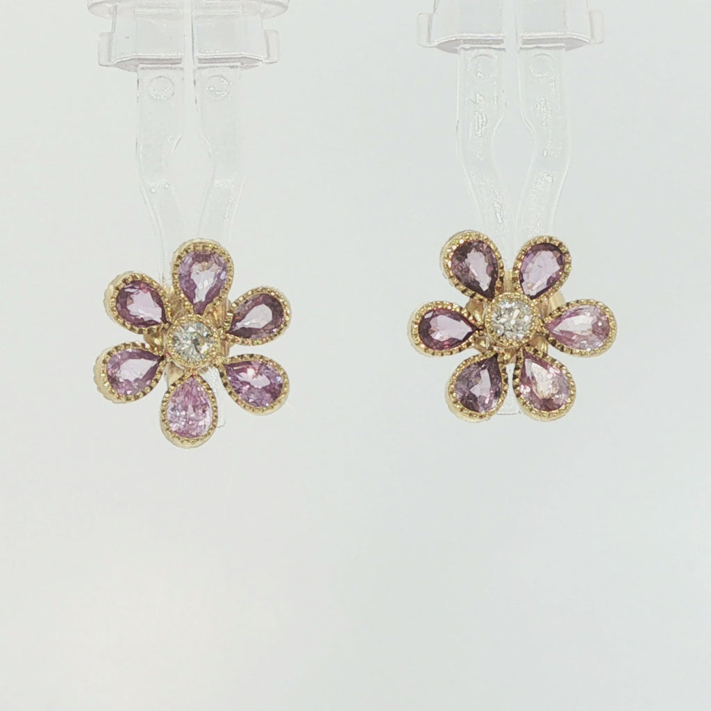 Video of John Apel pink sapphire and diamond Fleurette flower stud earrings in 18kt yellow gold