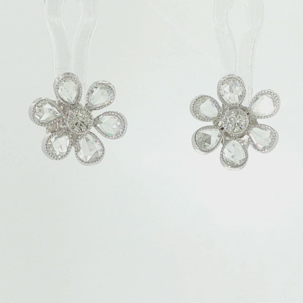 Video of John Apel Signature Fleurette rose-cut diamond flower stud earrings in platinum